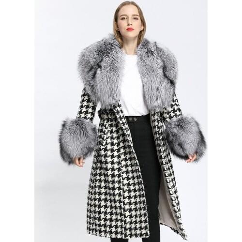 Fashion Real Fur Long Coat Winter Women Thick Jacket Big Natural Fox Fur Collar Outerwear Cashmere Wool Streetwear