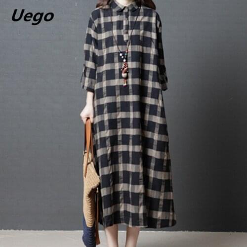 2021 New Turn-down Collar Button Fashion Blouse Dress Cotton Linen Loose Women Casual Spring Dress Long Sleeve Autumn Dress