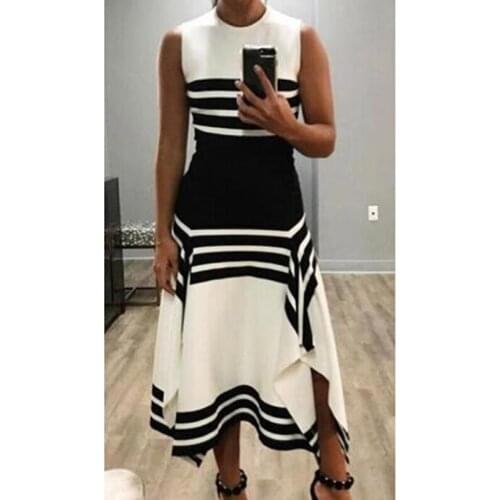 Women Stripe Sleeveless Dress Women Round Neck Casual Long Dress Vestido Vintage Black White Striped Party Dresses Vestidos