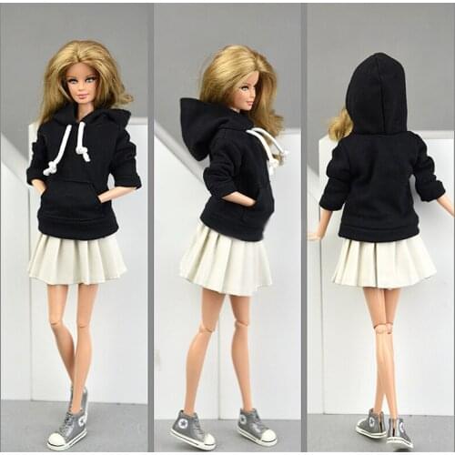 1Set Winter Black Top Hoodies Sweetshirt Pleated Skirts Suit Custume for Barbie Doll Outfits for 1/6 BJD Dolls Accessories Toys