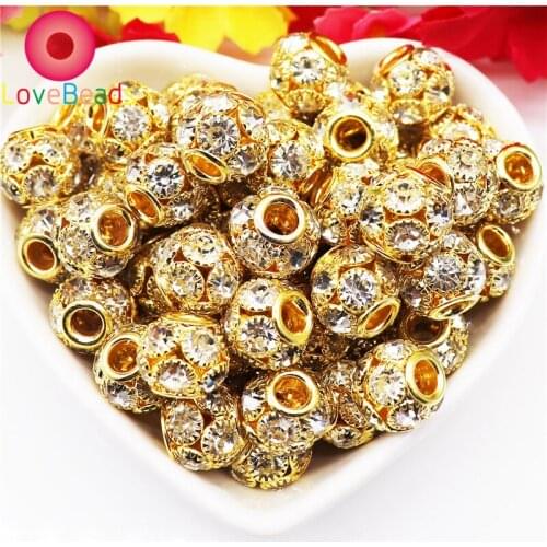 10Pcs Light Gold Color Rhinestone Glass Crystal Inlayed Round Rondelle Large Hole European Spacer Beads Charm For Women Bracelet