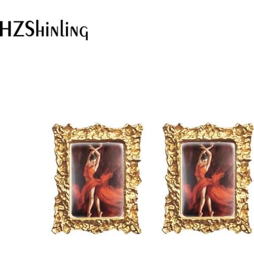 2020 New Fashion Retro Gold Dangle Drop Earrings Modern Abstract Oil Painting Dancing Ballet Girls Glass Cabochon Jewelry