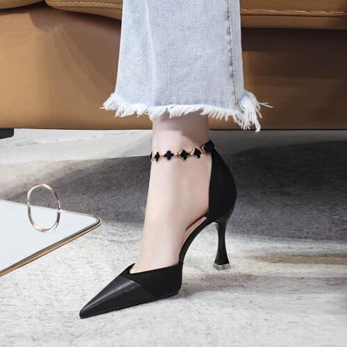 2021 summer one-word buckle chain fashion stiletto high-heeled womens sandals pointed banquet dress wild daily work single shoe
