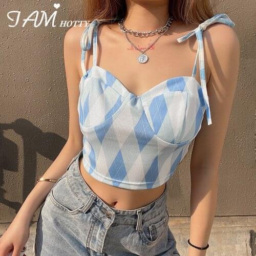 Y2k Satin Bandage Kawaii Argyle Plaid Camisole Women Summer Sleeveless Tube Top Vintage Corset Korean Streetwear 2021 Iamhotty