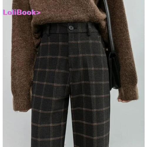Autumn Winter Women Plaid Pencil Pants Woolen Straight Trousers Female High Waist Loose England Style Ankle-length Pants