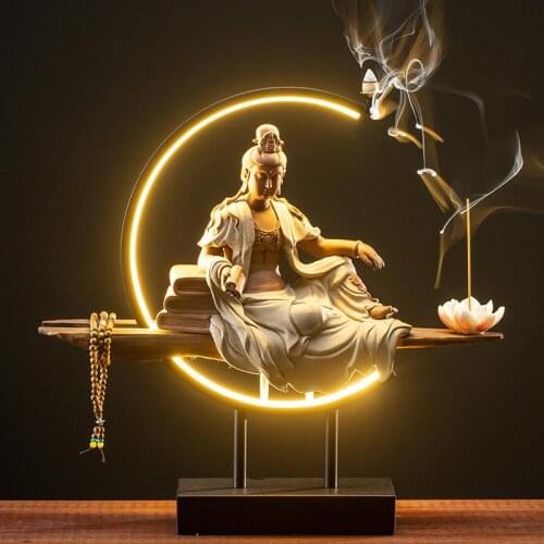 Buddha Backflow Incense Burner Led Light Smoke Waterfall Incense Sticks Holder With 20 Pcs Cones Home Decor Purple Sand Censer