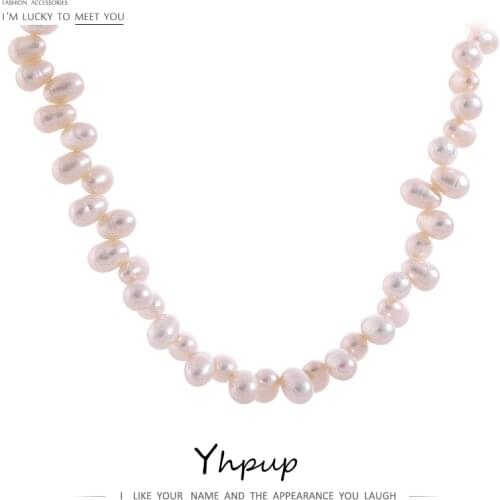 Yhpup New Stainless Steel Accessories Natural Freshwater Pearl Chain Necklace Jewelry Wedding Engagement Collar Necklace Gift