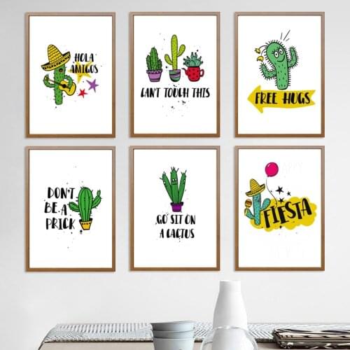 Colorful Potted Cactus Wall Art Poster Cartoon Succulent Plants Canvas Paintings English Sentence Prints Modern Home Room Decor