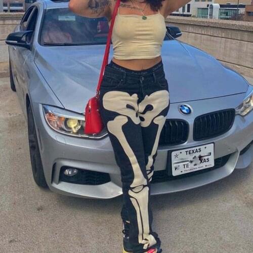 Skull Print Denim Pant Ghotic Bodycon Fashion Casual Button Pants Y2k 2021 Streetwear High Waist Zipper Vintage Women Pant