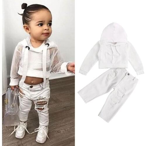 FOCUSNORM 3pcs Fashion Baby Girls Clothes Sets 0-4Y Solid Long Sleeve Hollow Out Hoodies Tops+Vest+Ripped Hole Pants