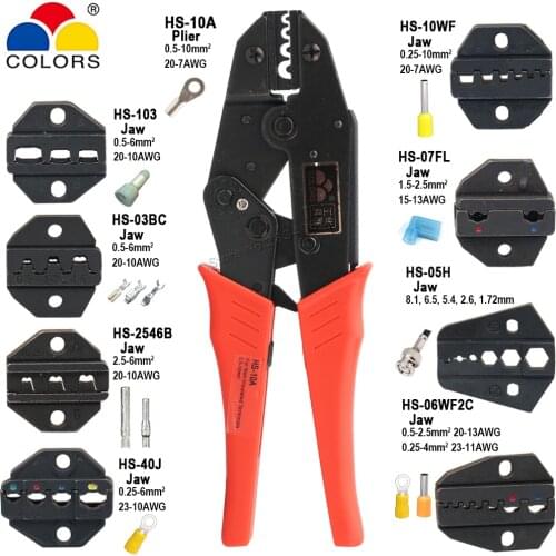HS-10A Crimping Plier 0.5-10mm2 Non-Insulated Terminals OT UT RNB SNB Ratchet Clamp Pliers 20-7AWG Jaw Set Crimping Hand Tools