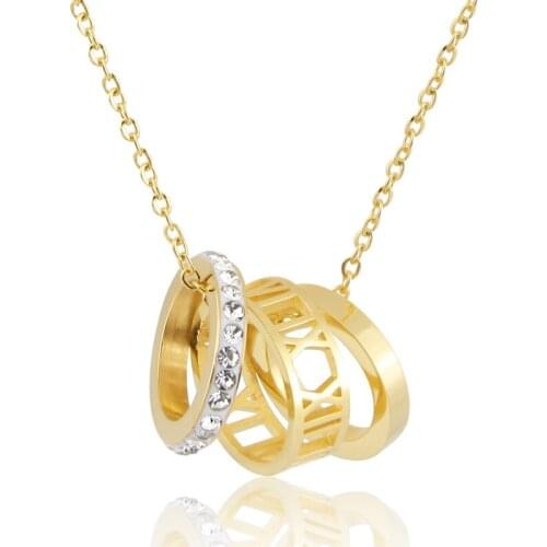 Classic Stainless Steel Hollow Roman Numerals Crystal Circle Three Ring Pendant Necklace For Women Love Gifts Jewelry Wholesale