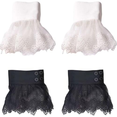 Korean Ladies Fake Sleeves Hollow Out Embroidery Floral Lace Trim Sheer Detachable Horn Cuffs Pleated Sweater Decor Wrist Warmer