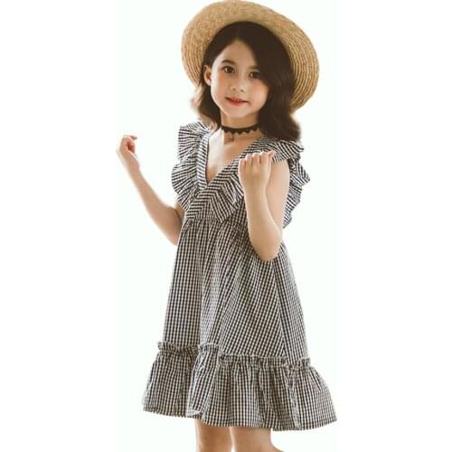 Summer Dresses For Girls Plaid Kids Dresses For Girls V Neck Kid Dress Sleeveless Childrens Costumes For Girls
