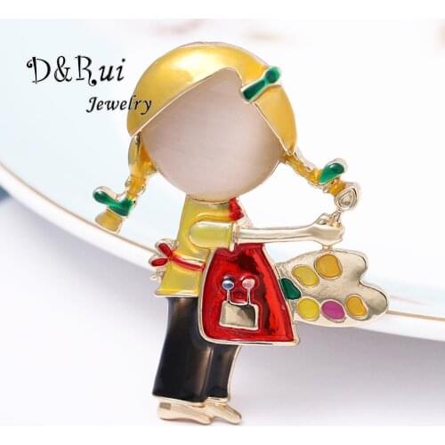 Cute Painter Girl Brooch with Rhinestones New Design Girl Drawing Opal Doll Brooches Office Pins Badges Gifts for the New Year