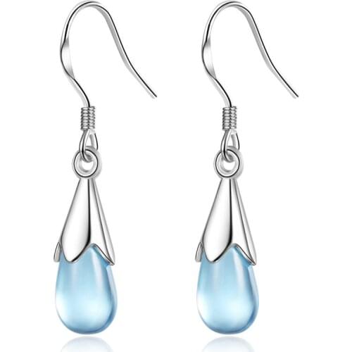 Trendy Crystal Blue Water Drop Earrings For Women Jewelry Top Quality 925 Silver Earring Girls Princess Wedding Accessories Lady