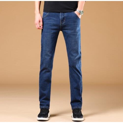 Fashion Trend Autumn And Winter New Style Mens Casual Stretch Cotton Thickened Straight Jeans Slim Solid Color Denim Trousers