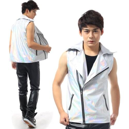 Fashion Cool Mens PU laser motorcycle vest fashion mens clothing ds costume party show stage performance costumes