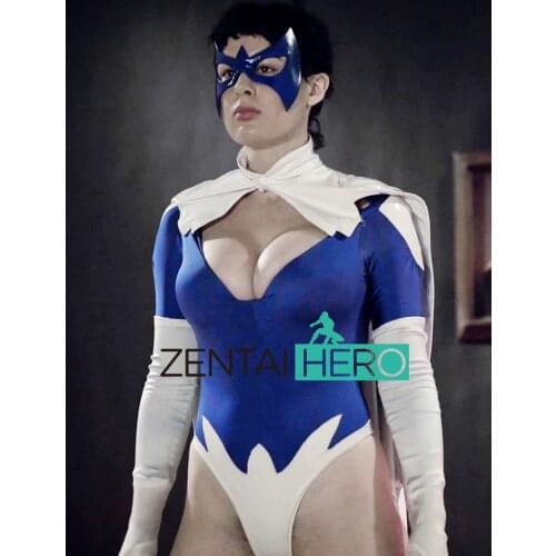 New Arrival Sexy White/Blue Lycra Detained Lady Womens Bodysuit Zentai Catsuit Game Movie Fancy Dress Zentai Leotard with Cape
