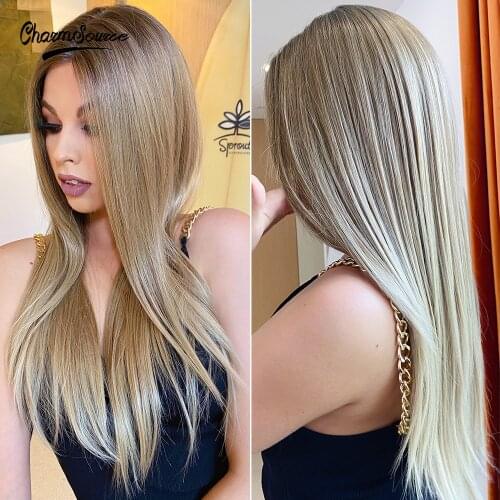 CharmSource Lace Front Wigs Long Straight Synthetic Wig Brown Ombre Blonde Daily Party Cheap for Black White Women High Density