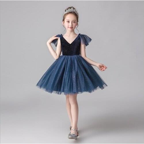 Sequin Flower Girls Birthday Banquet Dark Blue Lace Christening Dresses Elegant Toddler Girls Wedding First Communion Gown