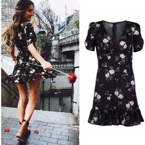 Boho Holiday Casual Floral Print Black Dress Women Short Sleeve Deep V Neck High Waist Ruffle Party Sexy Elegant Mini Dress
