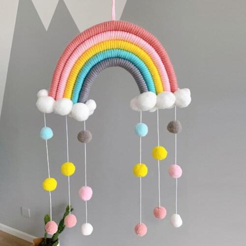 Woven Rainbow Ball Pendant Kids Room Hanging Ornament Balcony Home Wall Decor Hand Woven Rainbow Design Hanging Ornament