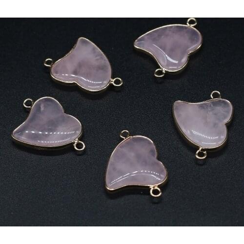 Natural Rose Pink Quartz Stone Connector Charms Love Hearts Pendant for Jewelry Making DIY Necklace Bracelet Accessories Gift
