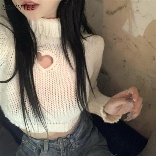 Pullovers Womens Knitted Hollow Out Turtleneck Sweet Cute Sexy Short Tops Slim Chic Ins Korean Style Ulzzang Fashion Sweaters