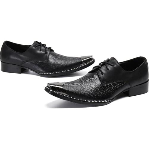 Formal shoes men genuine leather crocodile leather studded oxford shoes man black decor metal steel toe lace up coiffeur dress