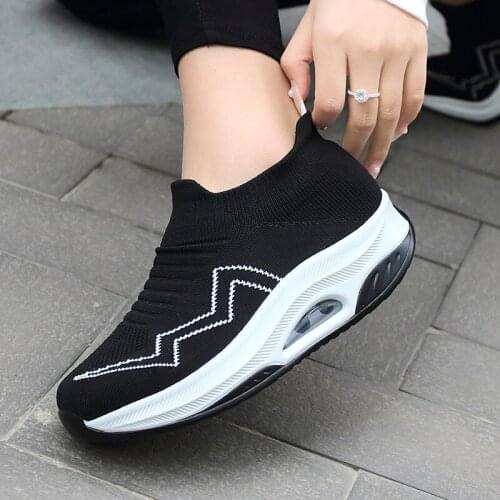 Womens Spring Autumn Casual Shoes Fly Woven Mesh Surface Breathable Thick Soles High Rise Rocker Shoes Comfortable Mom Shoes