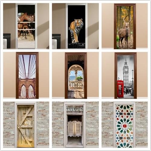 Kaleidoscope Waterproof Wallpaper For Doors Animal Door Stickers PVC Living Room Decoration Removable Self-adhesive Vinyl Murals