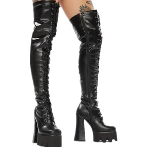 Womens Platform Over The Knee Thigh Boots Block High Heel Long Slim Shoes Lace Up Leather Round Toe Punk Black Motorcycle New