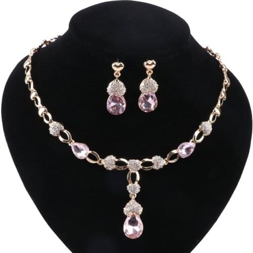 Women Pink Zircon Crystal Necklace Earrings Set Gold Color Party Wedding Bridal Dress Accessories Jewelry Sets
