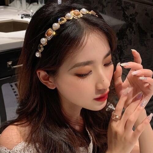Vintage Pearl Square Rhinestones Head Wear Headband for Women Rhinestone Non-slip Border Girl Hairpin Fancy Hair Accessorie Gift