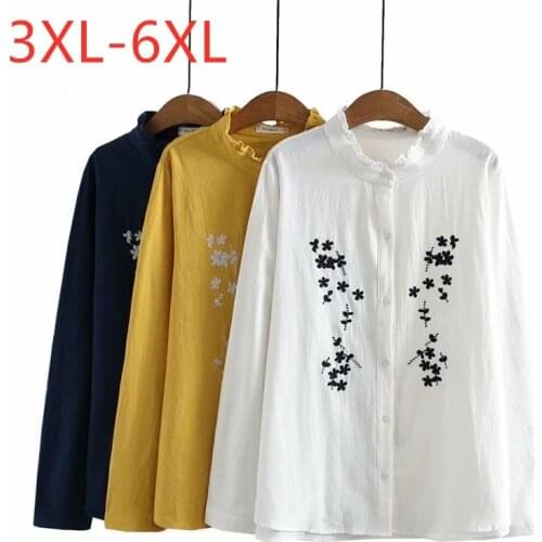 New 2021 Ladies Spring Autumn Plus Size Tops For Women Large Long Sleeve Loose Cotton Floral Embroidery Shirt 3XL 4XL 5XL 6XL