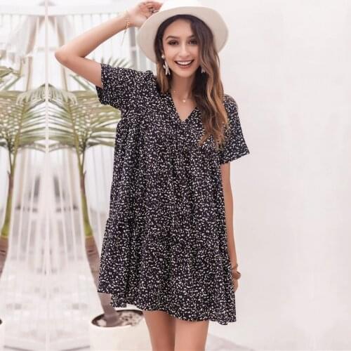 Leopard Print Short Sleeve Loose Draped Mini Dress Women 2021 Summer Casual V-Neck A-Line Short Dresses Vestidos For Women