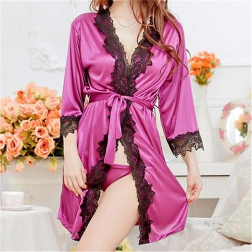 Women Sexy Lingerie Underwear Set Faux Silk Lace Work Sleepwear Bathrobe Bath Robe Nightgown Women Clothing High Quality Pajamas