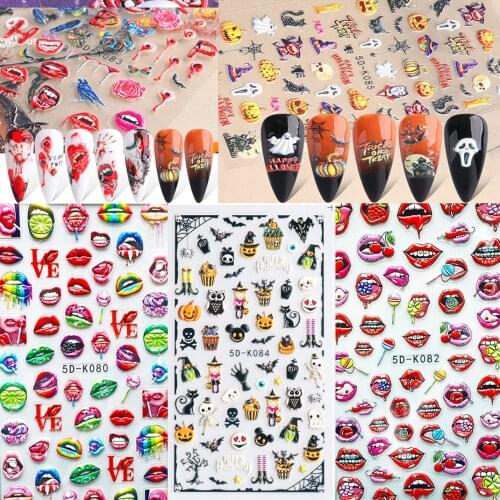 1PCS 5D Nail Stickers Christmas Halloween Gel Decals Acrylic Engraved Sliders Embossed Flowers Lace Foils Nail Art Decorations