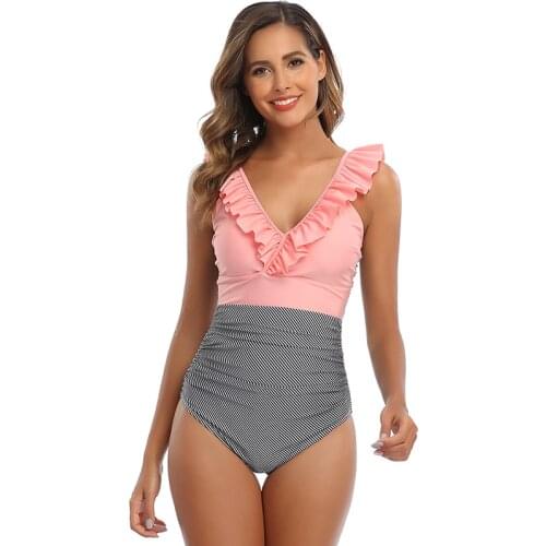 2021 Sexy Deep V One Piece Swimsuit Female Plus Size Swimwear Women Push Up Monokini Ruffle Bathing Suits Summer Beach Wear Swim