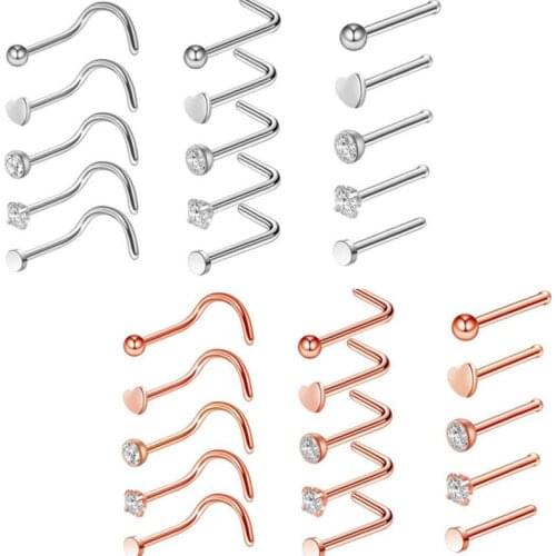 5pcs/lot 20G Nose Studs Surgical Steel L-Shape Nostril Studs Screws Nose Ring Hoop Body Piercing Silver Heart Nose Stud
