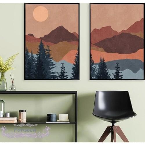 Boho Abstract Landscape Posters and Prints Terracotta Color Sun Mountain Sunset Line Drawing Canvas Painting Wall Art Picture