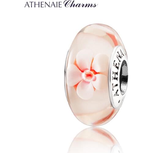 ATHENAIE Genuine Murano Glass 925 Silver Core Romantic Cherry Blossoms Bead Compatible European Charms Bracelets DIY Jewelry