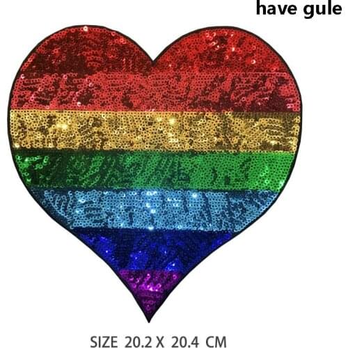 Big Rainbow Heart Patches Iron on Sequins Heart-shaped Embroidery Applique for T-shirt Jacket DIY Handcrafts Accessories