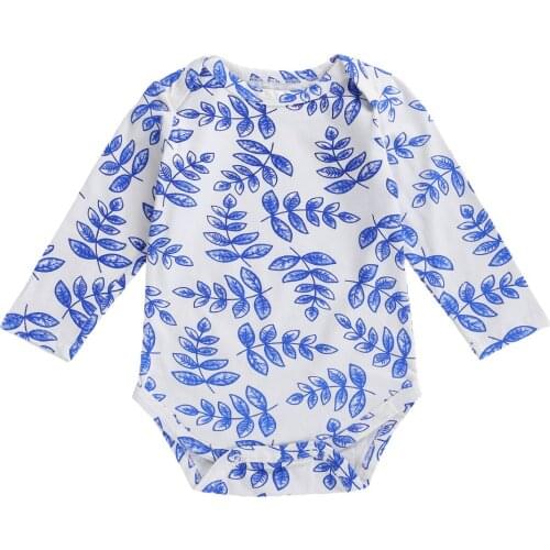 Infant Newborn Baby Girls Boys Romper Leaves Print Round Neck Long Sleeve Jumpsuit Bodysuit for Kids Blue Spring Autumn Outfits