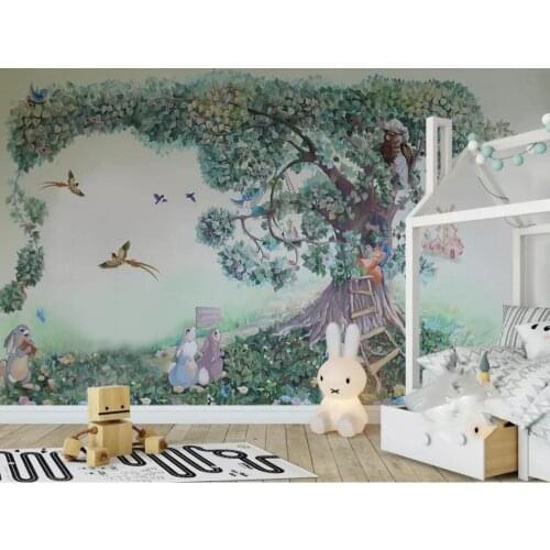 Hand painted tree rabbit squirrel bird childrens bedroom background wall