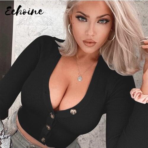 T Shirt Cardigans Women 5 Color 2020 Autumn Spring New Arrivals V Neck Skinny Tight Solid Button Up Long Sleeve Crop Tops Tees