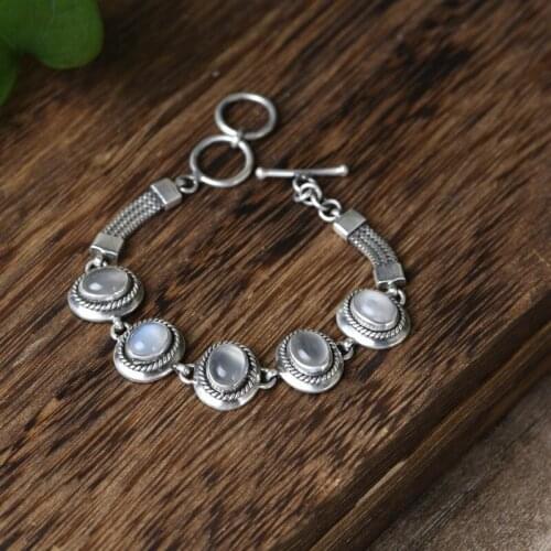 FNJ Natural Moon Stone Bracelet 925 Silver Vintage Original Pure S925 Silver Bracelets for Women Jewelry width 14mm length 17.cm