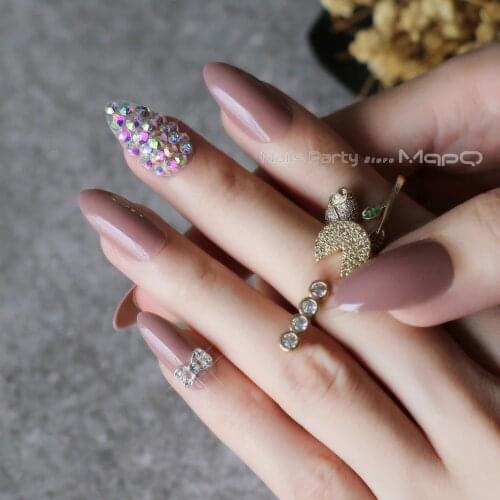 Brown full crystal bow flower fake nails nude almond full set 26pcs medium customize logo DIY Stiletto Fake nails UV nails
