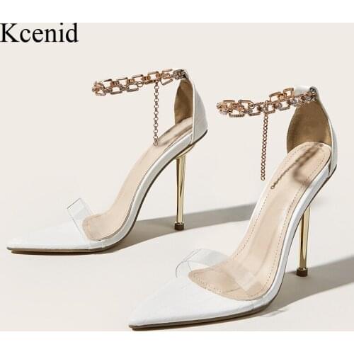 Kcenid Summer PVC Transparent Rhinestone Chain High Heels Shoes Women Sandals Sharp Toe Sexy Party Ladies Shoes Woman Sandalias